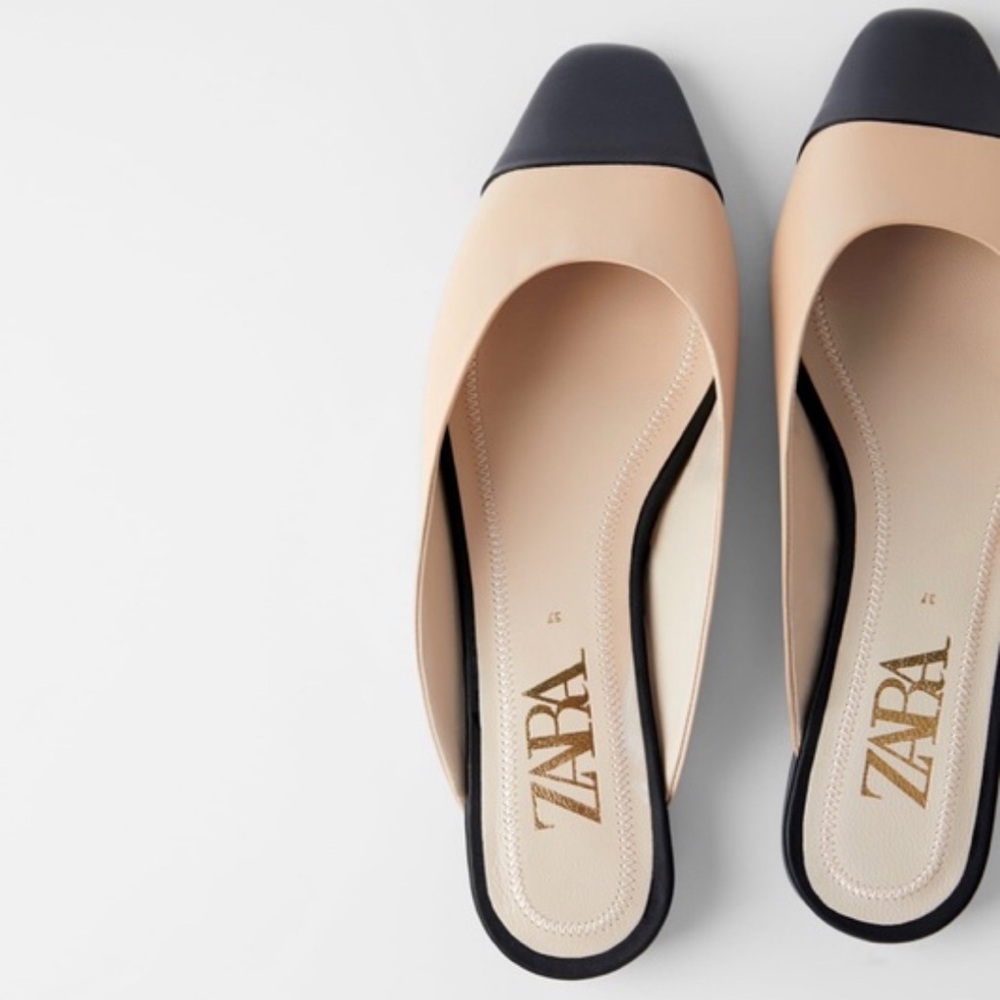Zara Two-Tone Beige and Black Square-Toe Mules